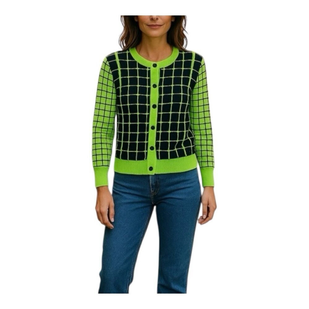 Rondina NY Knit Cardigan Size Large Green Blue Long Sleeve Crew Neck Button Up